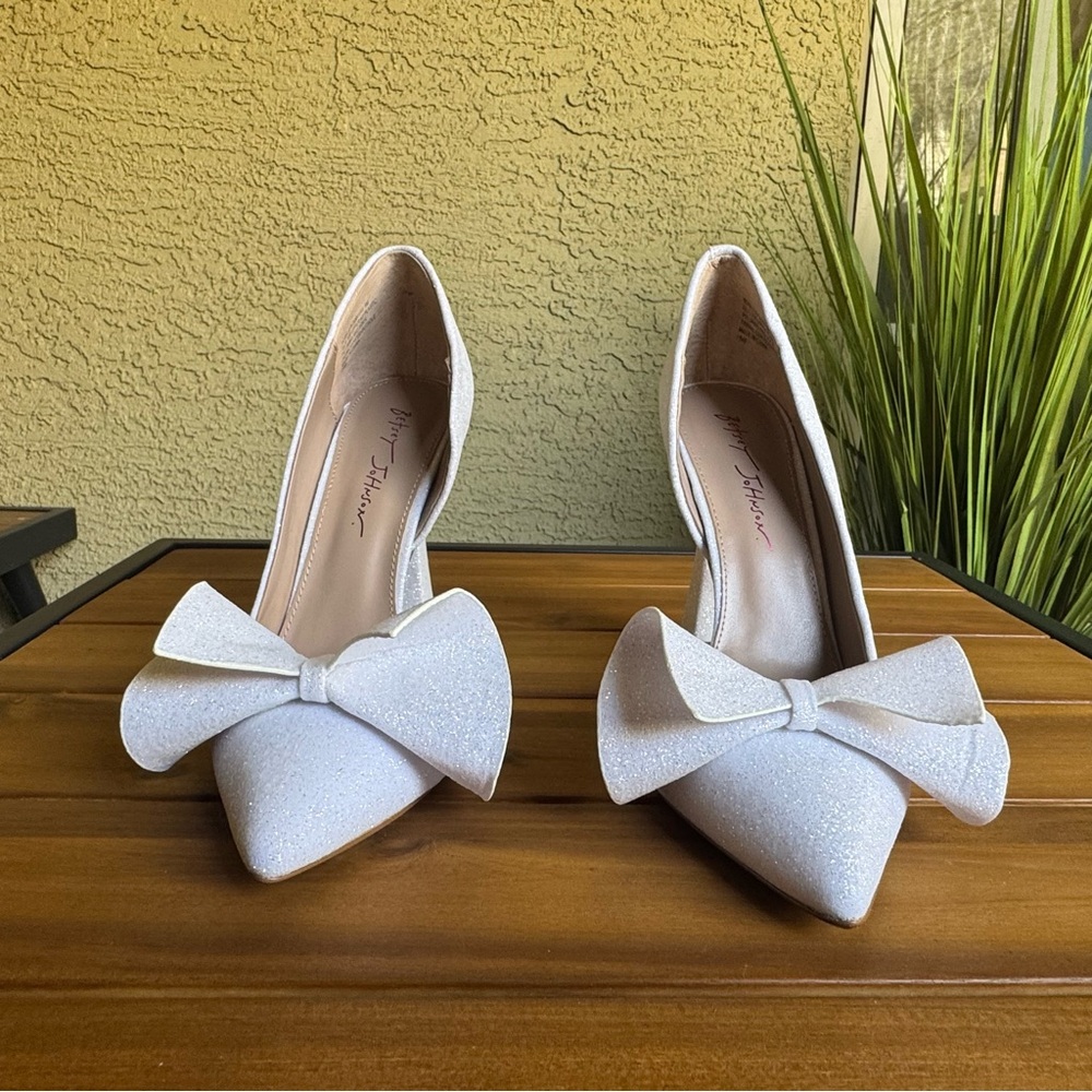 Betsey Johnson Glittery White Bow Heels